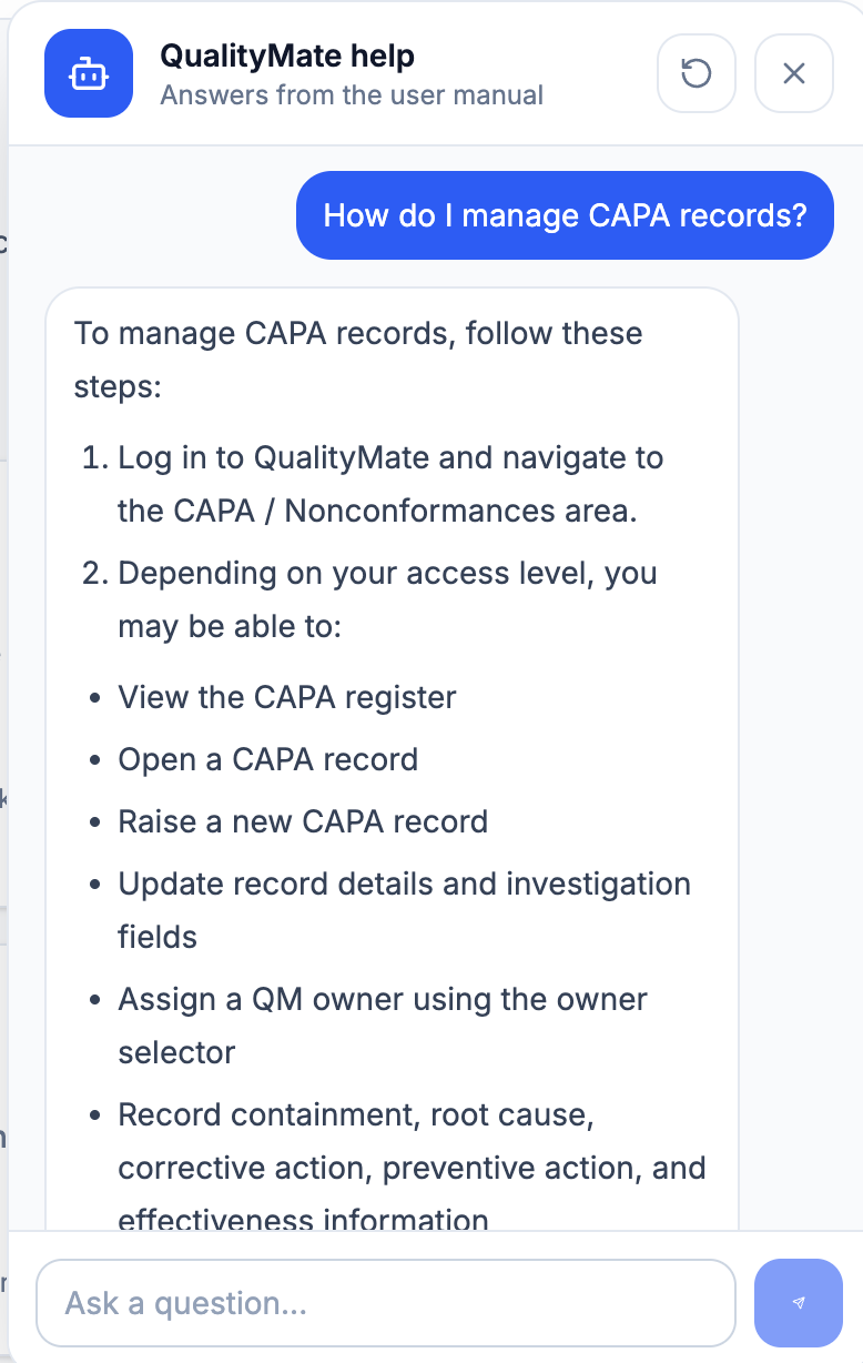 QualityMate AI help chatbox showing suggested questions from the user manual