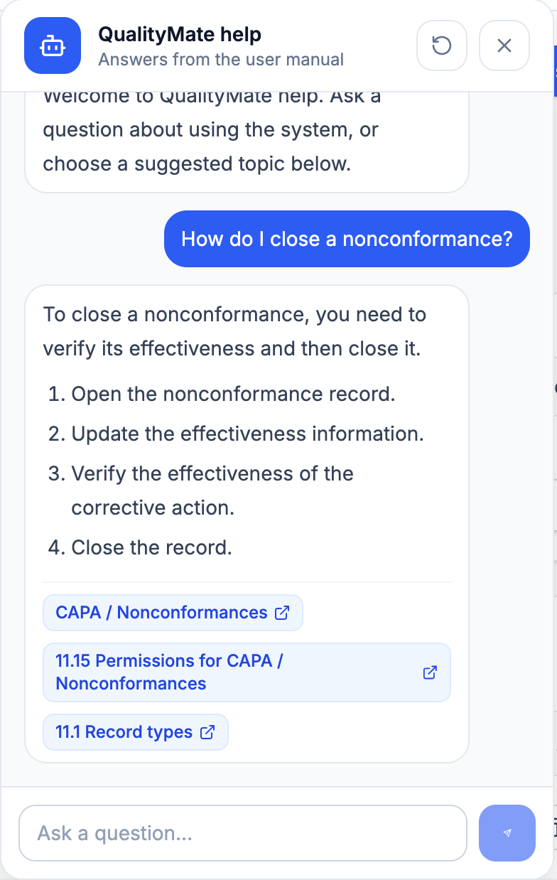 QualityMate AI help chatbox answering a question from the user manual