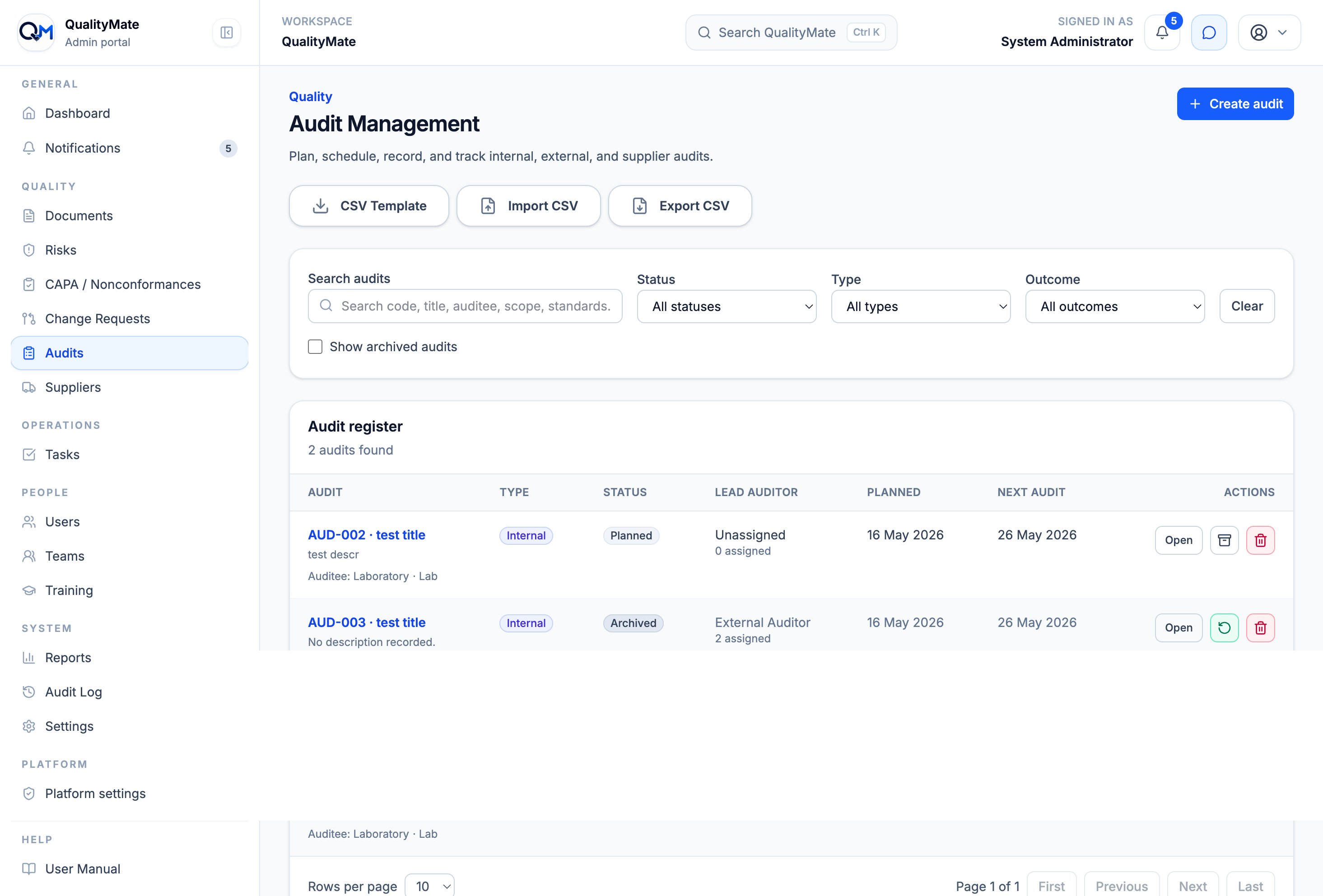 QualityMate audit management screen showing audit register filters, audit records, owners, and statuses