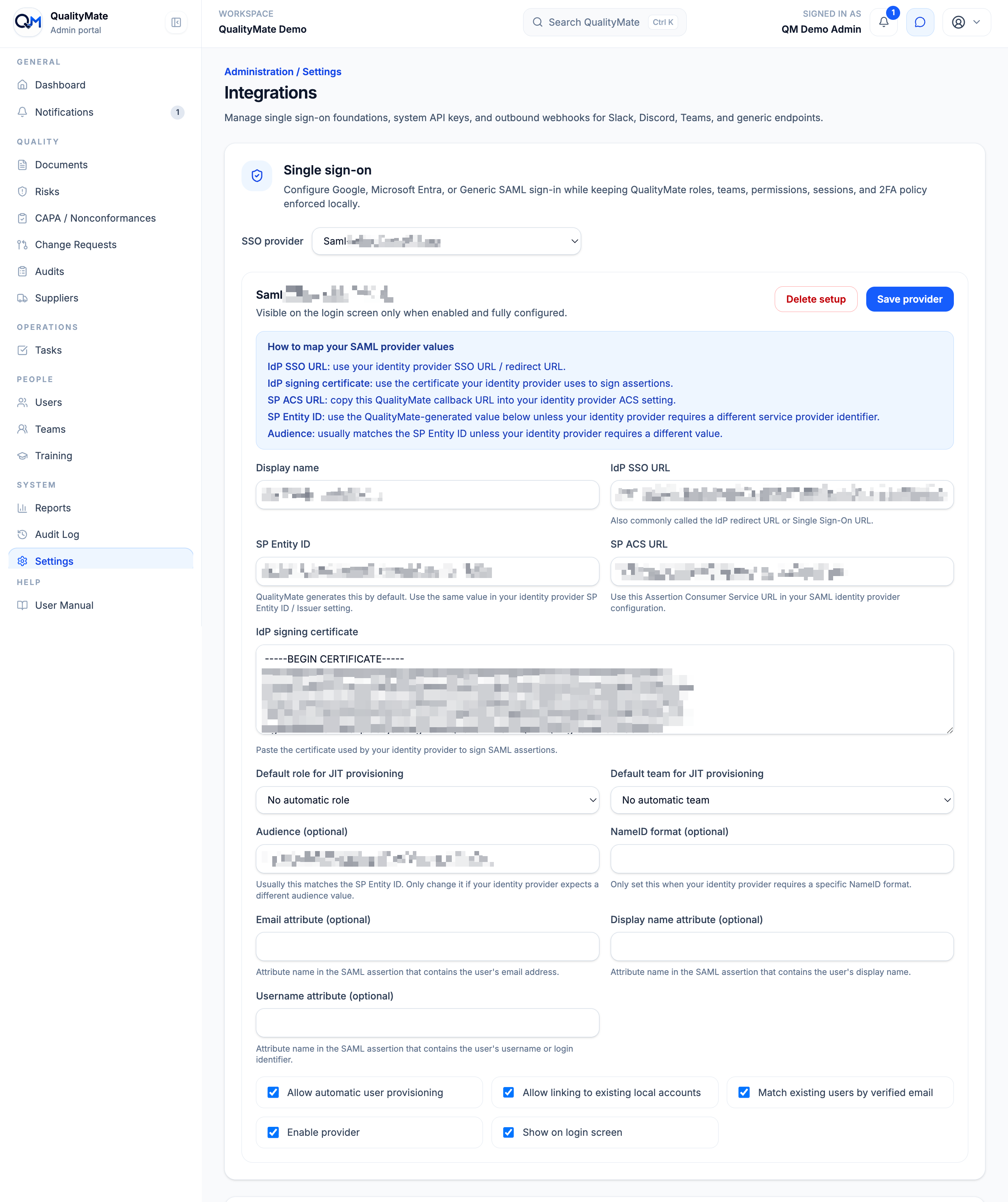 QualityMate SSO and authentication settings screen showing identity provider configuration