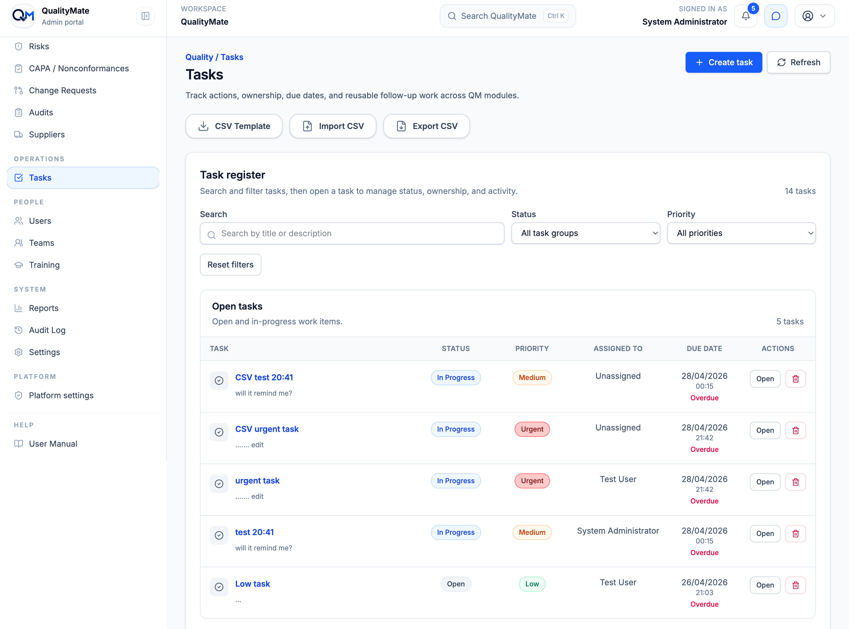 QualityMate tasks screen showing task register filters, owners, due dates, and task status